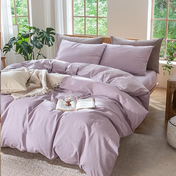 MooMee Bedding Duvet Cover Set 100% Washed Cotton Linen Like Textured Breathable Durable Soft Comfy (Heathered Light Purple, King 104"x90")