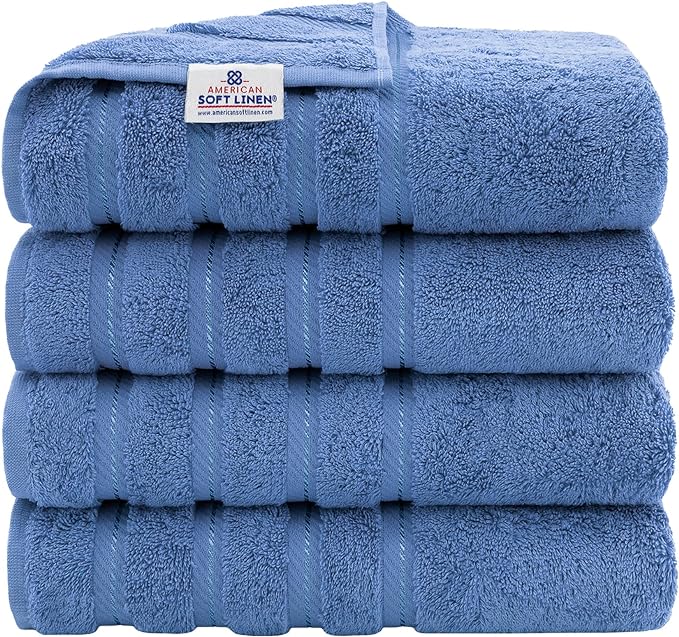 American Soft Linen Luxury 4 Piece Bath Towel Set, 600 GSM 100% Cotton Turkish Bath Towels for Bathroom, 27x54 in Extra Large Bathroom Shower Towels, Electric Blue