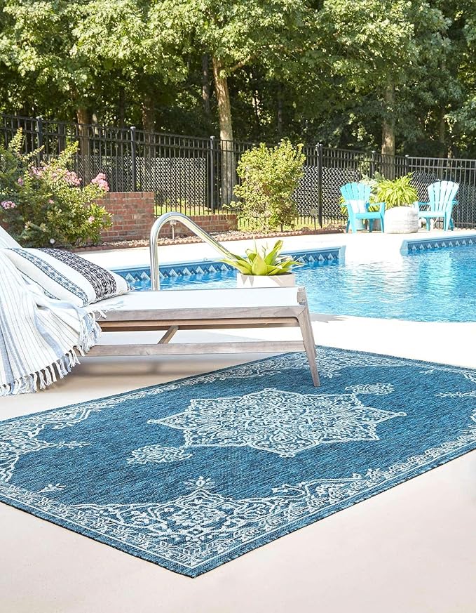 Unique Loom Outdoor Traditional Collection Area Rug - Antique (3' 1" x 5' 1" Rectangle Teal/Ivory)