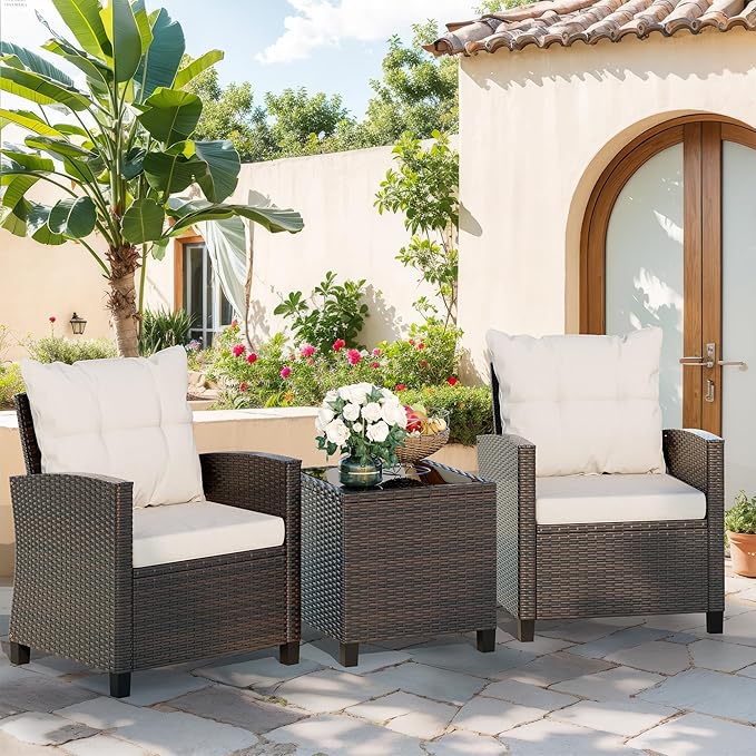 Vongrasig 3 Piece Patio Furniture Set Small Outdoor Wicker Rattan Front Porch Bistro Set Cushioned Patio Chairs Conversation Set with Glass Table for Lawn, Garden, Backyard, Balcony, Poolside (Beige)