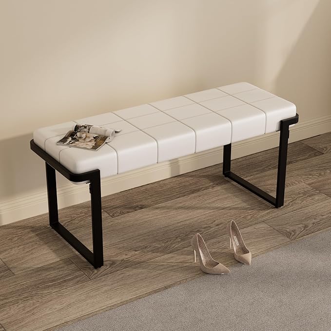 Upholstered Dining Bench, 44.29 Inch Leather Upholstered Bedroom Benches, Entryway Bench for Living Room Kitchen Dining Room(White&Black)