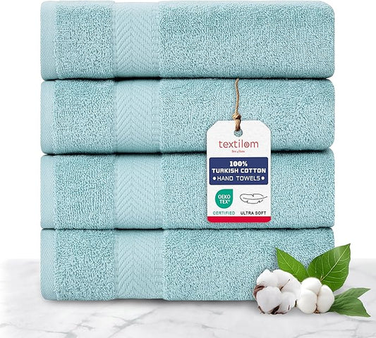 TEXTILOM 100% Turkish Cotton 4 Pcs Hand Towel Set, Luxury Hand Towels for Bathroom, Soft & Absorbent Bathroom Hand Towels Set (16 x 28 inches)- Aqua