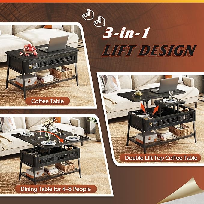 WLIVE Lift Top Coffee Table, 3 in 1 with Hidden Compartment, Multi-Function Coffee Table Converts to Dining Table for Living Room,Charcoal Black