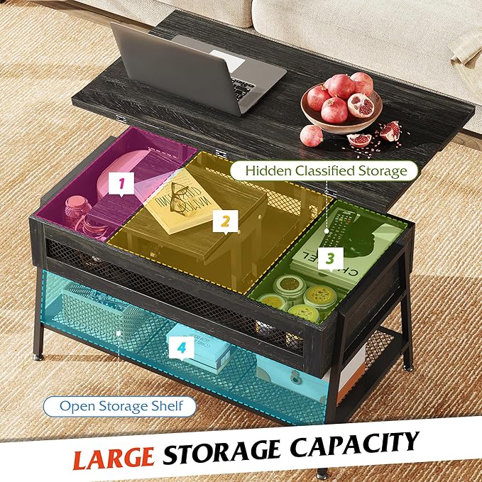 WLIVE Lift Top Coffee Table, 3 in 1 with Hidden Compartment, Multi-Function Coffee Table Converts to Dining Table for Living Room,Charcoal Black