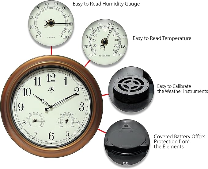 Infinity Instruments Craftsman 18 inch Copper Petina Outdoor Clock Thermometer Combo Patio Waterproof Large Wall Weather Station Weatherproof Decorative Outdoor Wall Clock Thermometer Hygrometer