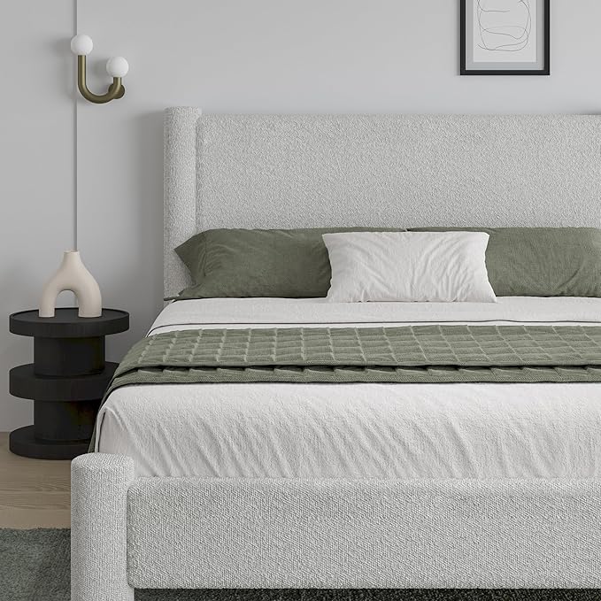 Queen Size Bed Frame, Boucle Upholstered Platform Bed with Headboard and Footboard, Soft Rounded Corners, No Box Spring Required, Easy Assembly, White