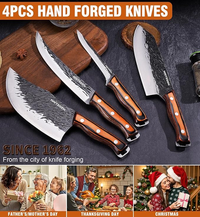 4PCS Hand Forged Butcher Knife and Kitchen Knife 2 in 1 Set, Heavy Duty Meat Cleaver Serbian Chef Knife Breaking Knife Boning Knife for Meat Cutting BBQ Gifts for Men Women