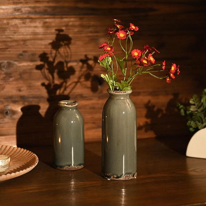VICTOR & TERESA Blue and Grey Ceramic Vase Home Decor, Farmhouse Vases for Flowers, Flower Vase Set of 2, Rustic Decorative Vases for Pampas Grass, Table, Living Room, Shelf, Centerpieces, 8 inch