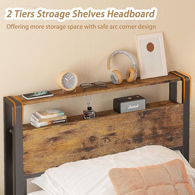 Weehom Twin Bed Frames for Kids, Twin Size Bed with 2 Tiers Wood Shelves Headboard Under Bed Storage Space No Box Spring Needed Heavy Duty Metal Plaform, Brown