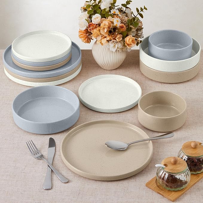 E-far Dinnerware Sets for 6, 18-Piece Stoneware Plates and Bowls Dish Set, Modern Kitchen Dinning Dishware, Chip and Scratch Resistant, Microwave & Dishwasher Safe, Speckled Multicolor