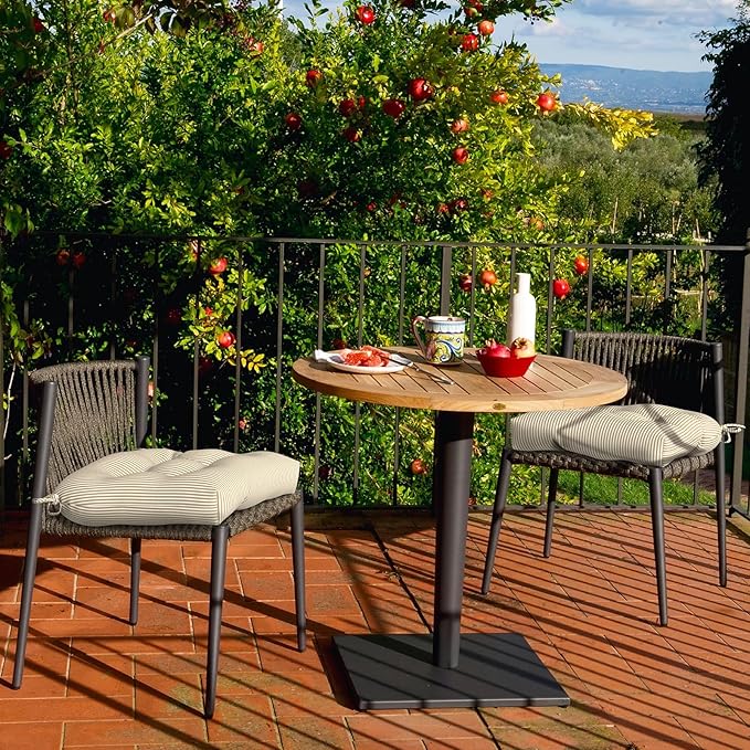 Set of 2 Outdoor Tufted Chair Cushions 19"x19"x4", Water Repellent Patio Seat Cushions with Ties, Replacement Chair Pads for Wicker Dining and Patio Furniture - Stripe Beige