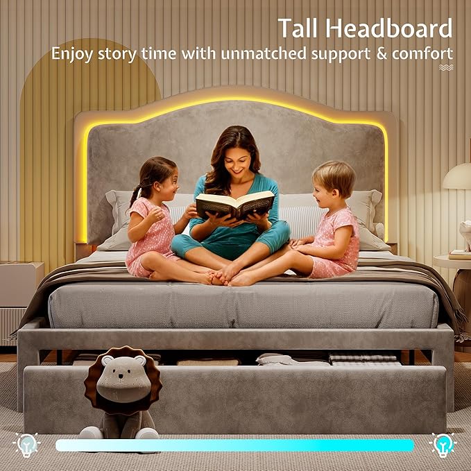 Jocisland Twin Bed Frame with 51" Tall & Thick Adjustable Headboard, Storage Drawer, RGB LED Lights, No Box Spring Needed, Velvet Upholstered, Grey