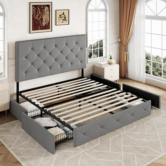 Allewie Upholstered Full Size Platform Bed Frame with 4 Storage Drawers and Headboard, Diamond Stitched Button Tufted, Mattress Foundation with Wooden Slats Support, No Box Spring Needed, Light Grey