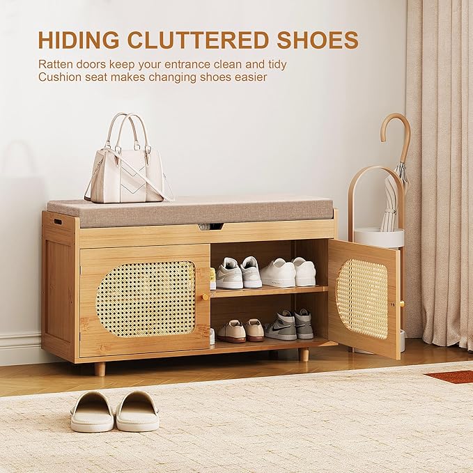 Rattan Shoe Storage Bench,Bamboo Entryway Bench, 2-Tier Shoe Rack,35.4" W x 12.6" D x 19.7" H with 2 Doors & Padded Seat Cushion for Entryway, Living Room, Bedroom, Natural