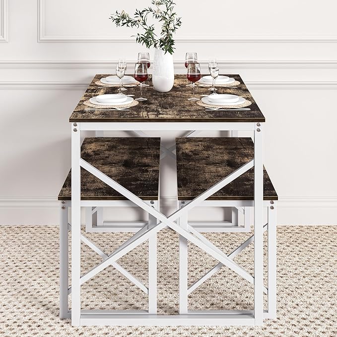 VECELO Kitchen Table with 2 Benches for 4, 43.3'' Wood Dining Room Dinette Sets with Metal Frame for Breakfast Nook and Small Space, Dark Brown