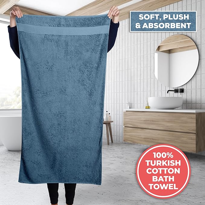 TEXTILOM 100% Turkish Cotton 2 Pcs Bath Towel Set, Luxury Bath Towels for Bathroom, Soft & Absorbent Hotel Quality Bathroom Towels Set (27 x 54 inches)- Mid Blue