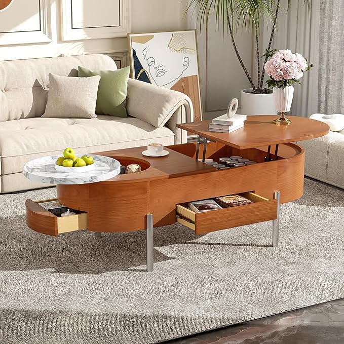 WILLIAMSPACE 47.2" Oval Lift Top Coffee Table with 360-degree Marble-Patterned Rotating Tray, Modern Wooden Center Table Side End Table Lift Tabletop with Hidden Compartment for Living Room, Brown