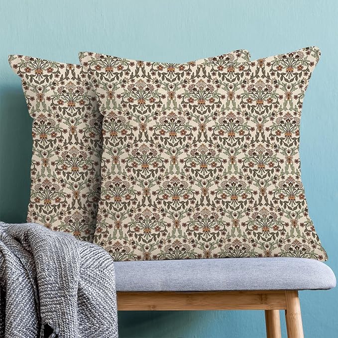 William Morris Pillow Covers 18x18 Set of 2, Boho Floral Block Print Flower Decorative Throw Pillows Bohemian Vintage Farmhouse Cushion Pillow Covers for Sofa Couch Bed Outdoor Decor