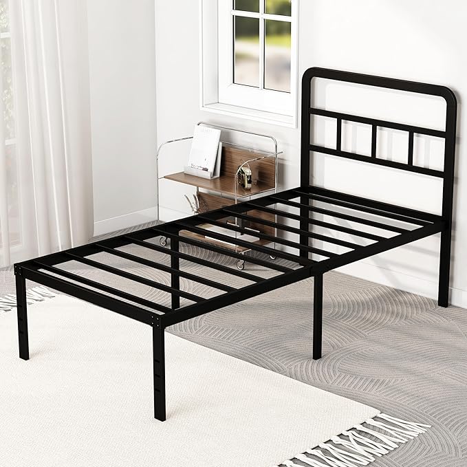 Twin Bed Frames with Headboard 18 Inch, Metal Platform No Box Spring Needed Heavy Duty Steel Slat Mattress Foundation/Easy Assembly/Noise Free/Black