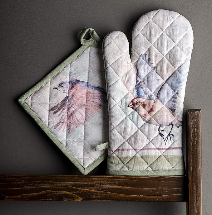 Maison d' Hermine 100% Cotton Oven Mitt & Pot Holder Set (7.5"x13" & 8"x8") Heat Resistant BBQ Cooking Gloves with Loop, Baking, Grilling, Kitchen, Handling Hot Pans Spring/Summer (Flying Birds)