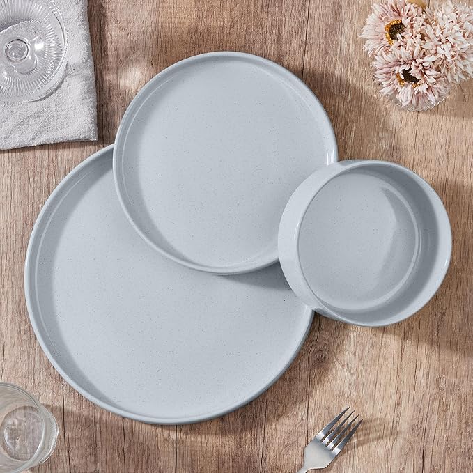 E-far Stoneware Dinnerware Sets, 12-Piece Plates and Bowls Dish Set for 4, Kitchen Modern Dinning Ware, Chip and Scratch Resistant, Microwave & Dishwasher Safe, Speckled Gray