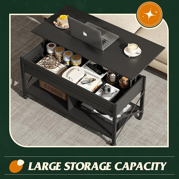 WLIVE Coffee Table, 41.3" Lift Top Coffee Table with 4 Wheels, Hidden Compartment, Storage Shelf and Lift Tabletop for Living Room, Reception Room, Black
