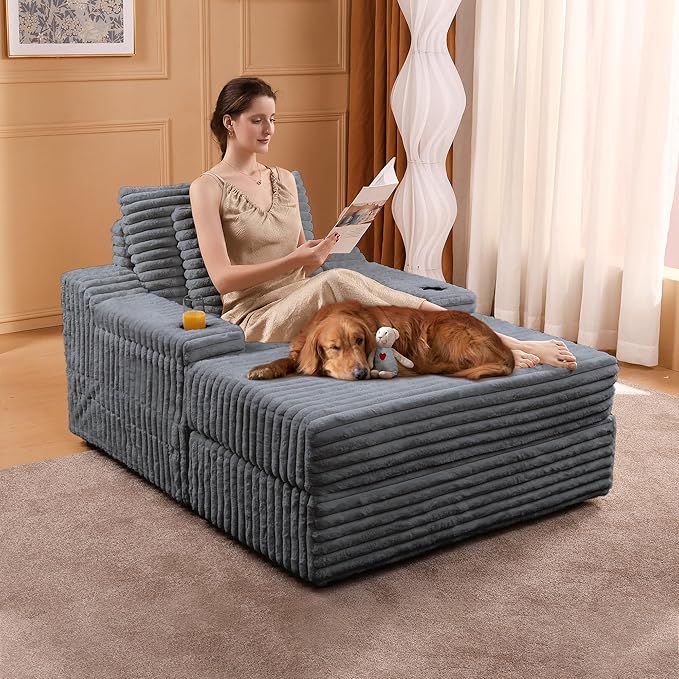 Garvee Grey Oversized Chaise Lounge Chair Indoor with Storage Ottoman, Upholstered Corduroy Sofa Bed Cloud Couch with 3 Pillows, Single Sleeper Sofa Chair for Living Room, Bedroom