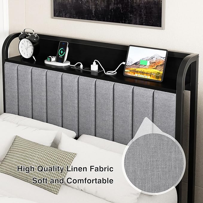VECELO Twin Bed Frame with Headboard, Upholstered Platform Bedframe, Heavy Duty Metal Slats, No Box Spring Needed, Easy Assembly, Linen Grey