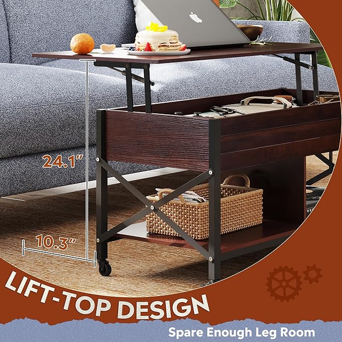 WLIVE Coffee Table, 41.3" Lift Top Coffee Table with 4 Wheels, Hidden Compartment, Storage Shelf and Lift Tabletop for Living Room, Reception Room, Espresso