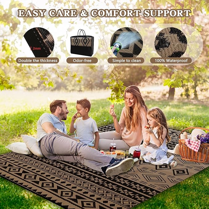 Wallona Outdoor Rugs 5x8 ft Patio Waterproof Clearance Indoor Outdoor Carpet for Patio Plastic Straw Reversible Area Rugs Mat for RV, Camping, Balcony, Beach, Picnic, Porch, Boho Black & Brown