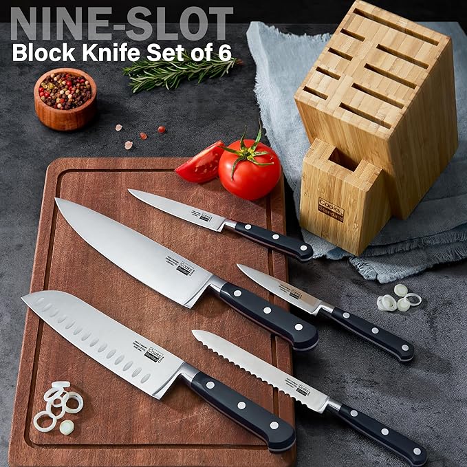 Cooks Standard 6-Piece Stainless Steel Knife Set with Expandable Bamboo Block for Extra Slots