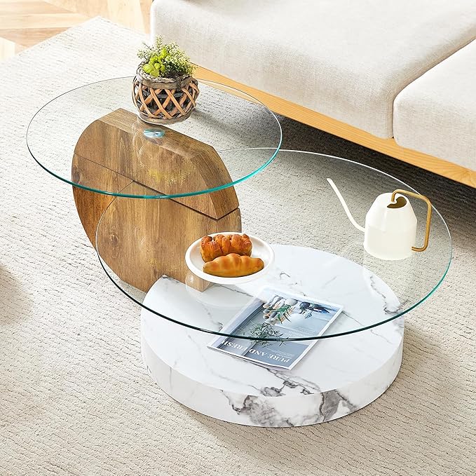 Glass Coffee Table, Modern Round Glass Coffee Table with Wooden Base, 3 Tier Round Coffee Table, Clear Cocktail Table with Storage for Living Room, Office, Balcony, Wood and White