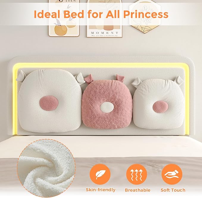 Full Size Upholstered Bed Frame with LED Lights, Girls Bed with Adjustable Chic Double Headboard, Boucle Princess Platform Bed for Girls, Solid Wood Slats Support, No Box Spring Needed, Beige