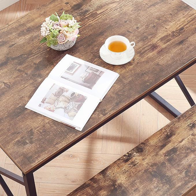 VECELO Kitchen Table with 2 Benches for 4, 43.3'' Wood Dining Room Dinette Sets with X Metal Frame for Breakfast Nook and Small Space, Brown