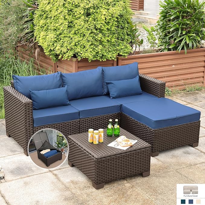 Wicker Patio Furniture Patio Couch 3 Pieces Patio Furniture Set Outdoor Sectional with Ottoman and Outdoor Storage Table with Lining Weathering Non-slip Cushions Waterproof Covers, Navy Blue
