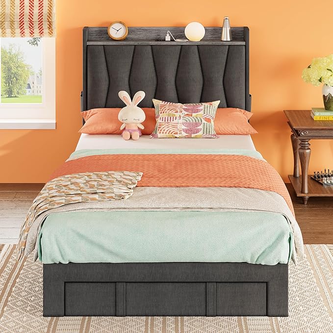 ANCTOR Twin XL Bed Frame with 3 Drawers, Upholstered Platform Bed with Storage Headboard and Charging Station, No Box Spring Needed, Easy Assembly, Grey