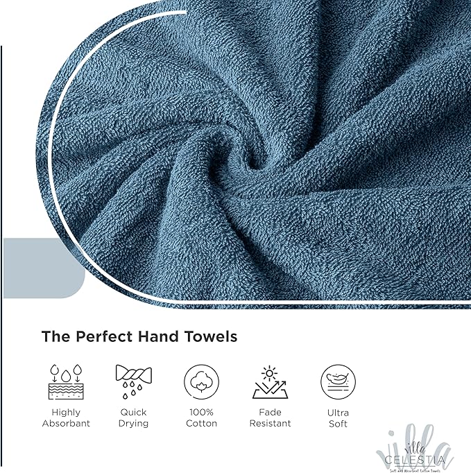 100% Cotton Hand Towel Set of 4, (16 x 28 inches) Sustainable, Soft, Highly Absorbent, Quick Drying, Combed Cotton Hand Towels Pack of 4 Ideal for Hotels, Spa, Bathroom, Dorm, Blue