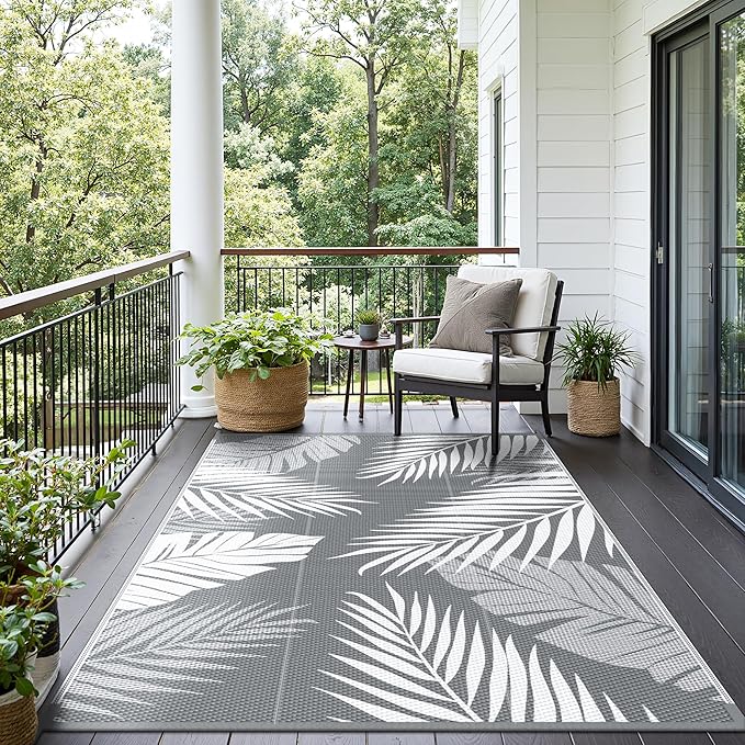 Outdoor Rug 6’x9’ Waterproof for Patio Clearance, Reversible Indoor Outdoor Plastic Straw Camping Rug Carpet, RV Mat, Large Area Rug for Deck, Backyard, Balcony, Porch, Beach, Grey & White