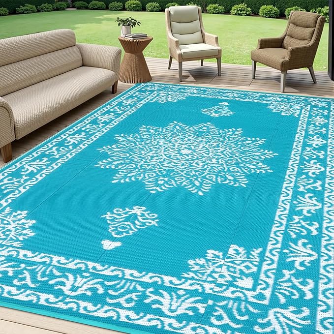 Yamaziot Outdoor Rug 6x9 Ft, Waterproof Plastic Straw Patio Rug, Reversible Backyard Carpet UV Resistant Portable RV Mat Clearance, Large Indoor Outdoor Rug for Patio, Porch, Deck, Balcony, Teal