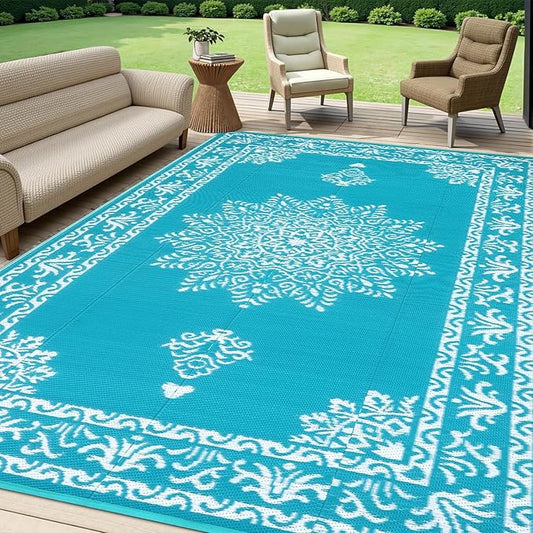 Yamaziot Outdoor Rug 6x9 Ft, Waterproof Plastic Straw Patio Rug, Reversible Backyard Carpet UV Resistant Portable RV Mat Clearance, Large Indoor Outdoor Rug for Patio, Porch, Deck, Balcony, Teal