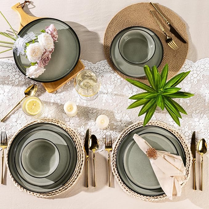 AmorArc Stoneware Dinnerware Sets,Round Reactive Glaze Plates and Bowls Set,Highly Chip and Crack Resistant | Dishwasher & Microwave Safe Dishes Set,Service for 4 (12pc)