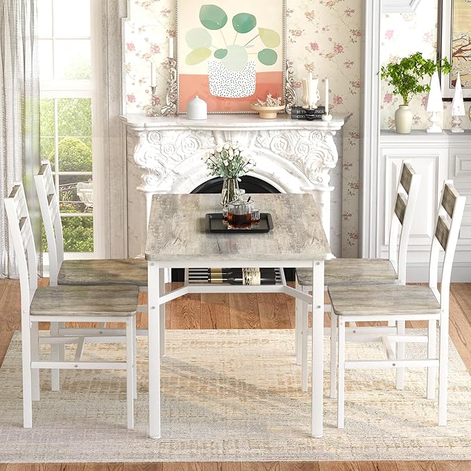 Hooseng Dining Table Set for 4, Wood Kitchen Table Chairs Set with Storage, Farmhouse 5 Piece Dining Room Table Set, Space-Saving Dinette Set for Breakfast Nook, Apartment