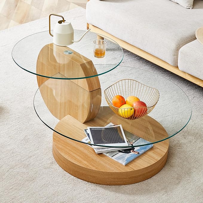 Coffee Tables for Living Room - Round Glass Coffee Table with Wooden Base Mid-Century Modern End Table 3-Tier Round Coffee Table for Living Room, Office, Balcony (42″ Oak)