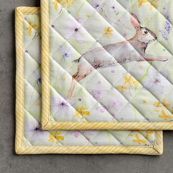 Maison d' Hermine Pot Holders Set 100% Cotton Heat Resistant Potholders 8" x 8" Hot Pads with Loop BBQ, Cooking, Baking, Grilling, Kitchen, Handling Hot Pans Spring/Summer (Pack of 2, Easter Zest)