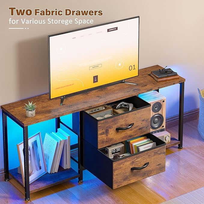 LED TV Stand Dresser for TVs up to 55 Inch, Entertainment Center with 2 Fabric Drawers and 2 Open Storage Shelves, Coffee Table Television Stands for Living Room, Bedroom, Wood Top, Rustic Brown