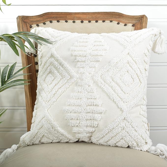 Boho Style Sofa Throw Pillow Covers – Exquisitely Crafted with Hand-Finished Tuft with Thick Cotton Tassel Details – Soft & Stylish Moroccan Decorative, 18x18inch (Spring Ruched)