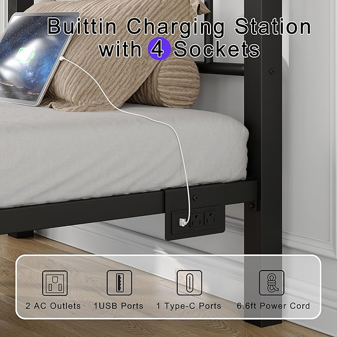 Full Bed Frame with Smart LED Lights, Storage Headboard and USB Charging Station,Heavy Duty Wooden Slats, No Box Spring Needed, Noise Free, Easy Assembly (Retro Black, Twin)