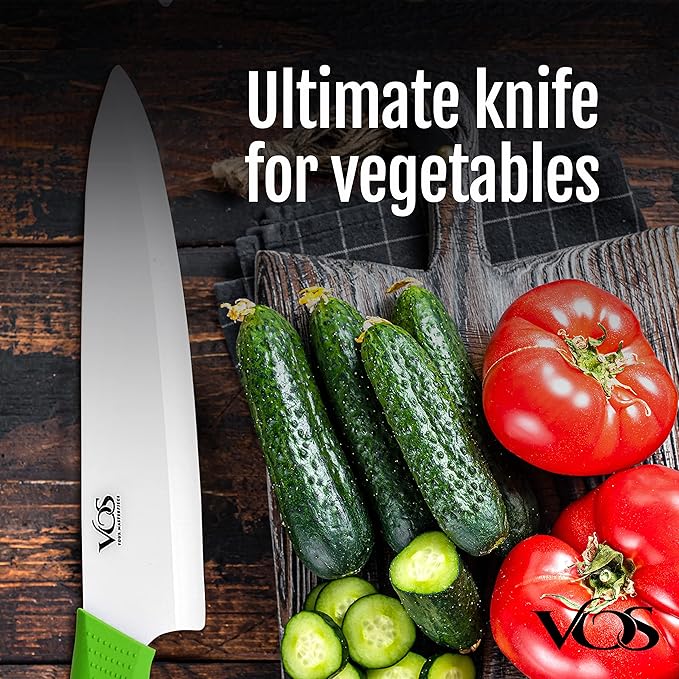 Vos Ceramic Chef Knife 8 Inch with Protection Cover – Large Ceramic Kitchen Knife for Slicing, Dicing, and Fruits – Lightweight Zirconia Blade – Luxury Gift Packaging – Ultra Sharp Chefs Knife (Green)