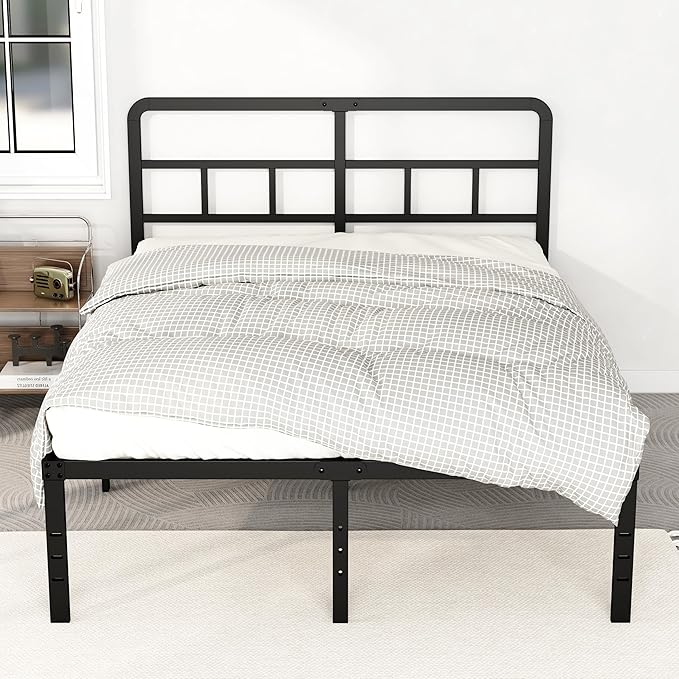 18 Inch Full Size Bed Frame with Headboard No Box Spring Needed, Heavy Duty Metal Platform with Steel Slat, Mattress Foundation, Easy Assembly, Noise Free, Black