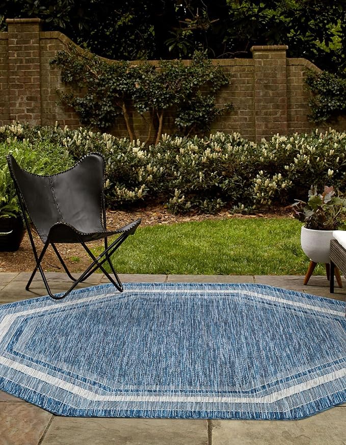 Unique Loom Outdoor Border Collection Area Rug - Soft Border (5' 3" Octagon, Blue/ Ivory)